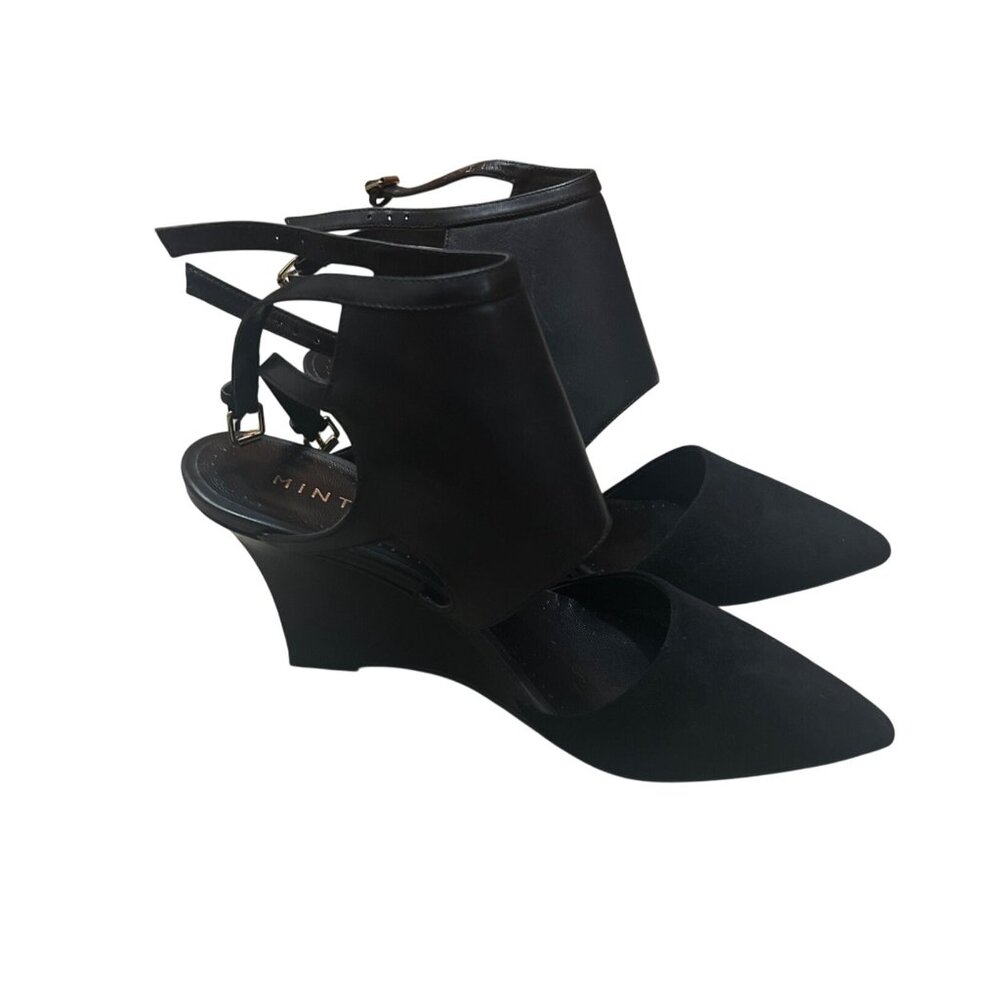 Mint Velvet Black Pointed Toe Wedge Heels With Adjustable Ankle Straps Size 39 F